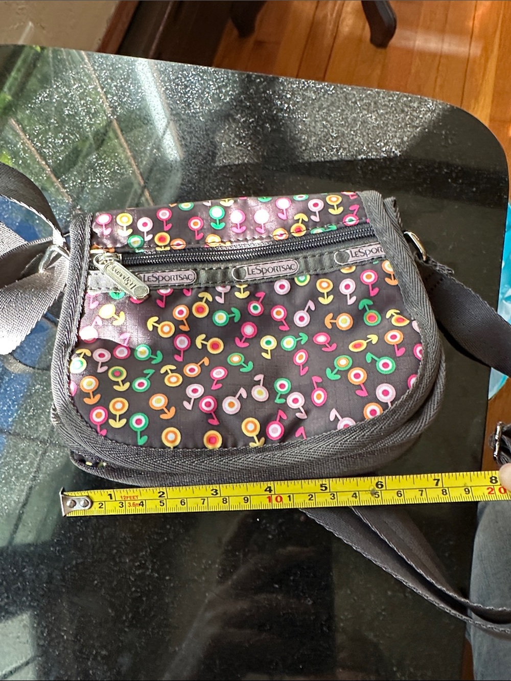 Lesportsac Black Crossbody Bag with Discontinued Multicolor Dot Floral Pattern - Picture 10 of 11